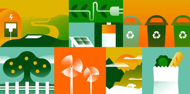 Nature conservation illustration concept Nature conservation illustration concept for environment campaign or eco friendly project. Modern flat mosaic set includes green energy technology, electric car, wildlife park and more. sustainable energy stock illustrations