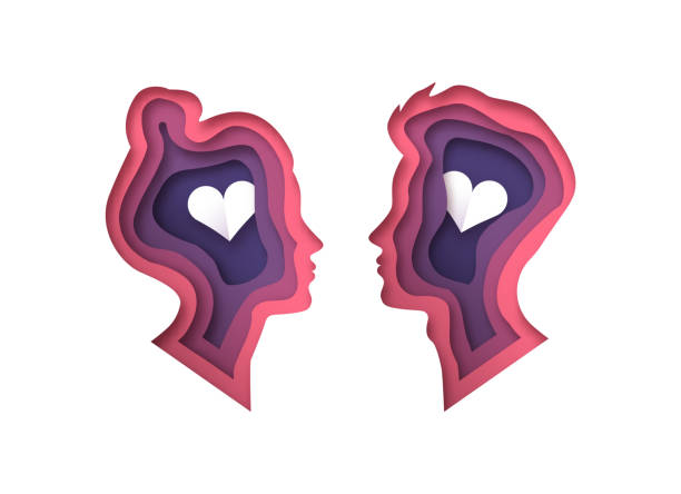ilustrações de stock, clip art, desenhos animados e ícones de man and woman heads in 3d paper cut style - human face heterosexual couple women men