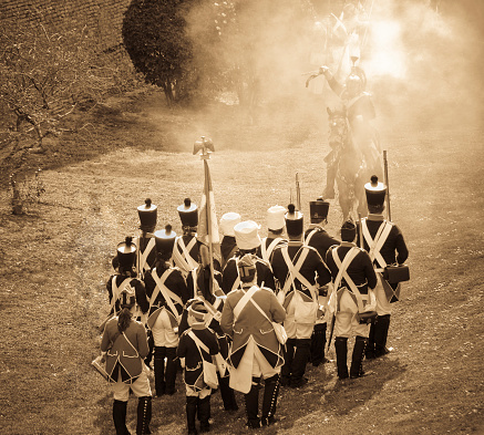 Modern recreation of the Second Siege of Saragossa. This event was the French capture of the Spanish city of Zaragoza during the Peninsular War. It is particularly noted for its brutality. Sepia filter and vignetting. Shot with a D300.