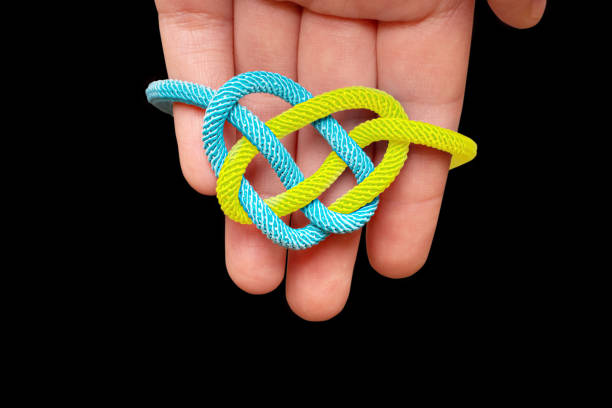 istock Blue and yellow heart shaped celtic knot in hand 1379295451
