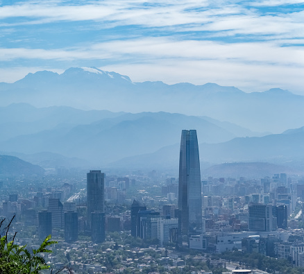 View of the skyline of the sprawling Metropolis of Santiago from the summit of the Cerro San Cristobal (san Cristobal Hill), Chile