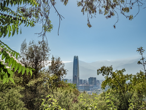 View of the skyline of the sprawling Metropolis of Santiago from the summit of the Cerro San Cristobal (san Cristobal Hill), Chile