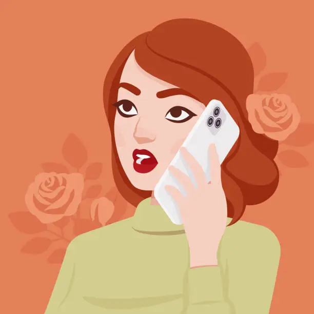 Vector illustration of Woman talking on phone, beautiful ginger lady portrait with smartphone