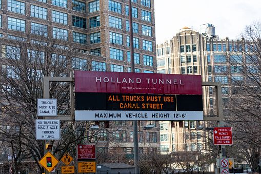 Holland Tunnel entrance in Lower Manhattan - New York, USA, February 2022