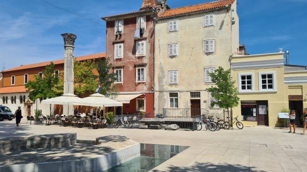 Town square in Zadar old town with restaurants, Croatia stock photo