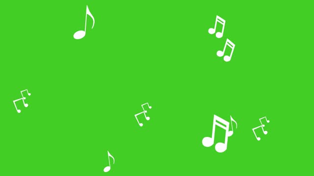 Animated white notes fly from bottom to top. Concept of music, song, melody. Green screen