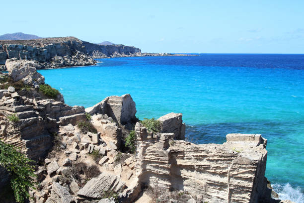 Beautiful beach and water bay in the greek spectacular coast of Peloponnese. Turquoise blue transparent water, unique rocky cliffs, Greece summer top travel destination