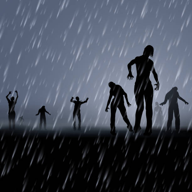 Zombie Post Zombie Walking at Night in a Rainy Weather. Black Silhouettes Illustration for Halloween Creative Poster rain silhouettes stock illustrations