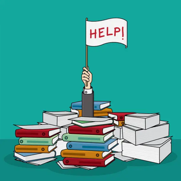 Vector illustration of Office worker holding a help written white flag under pile of documents and files