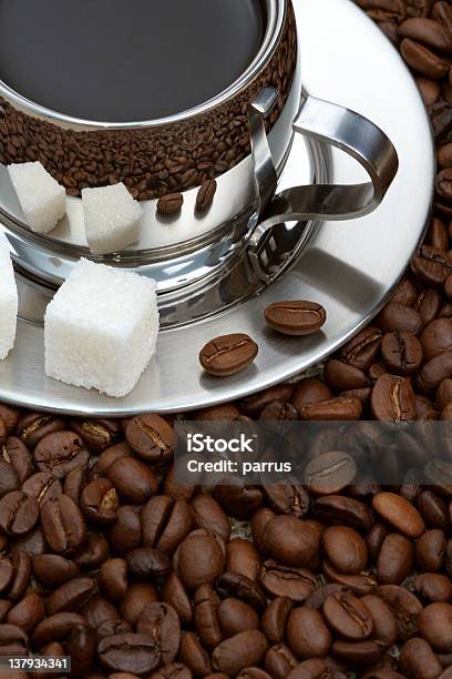 Cup Of Coffee With Lump Sugar And Beans Stock Photo - Download Image Now - Arabica Coffee - Drink, Black Color, Brown