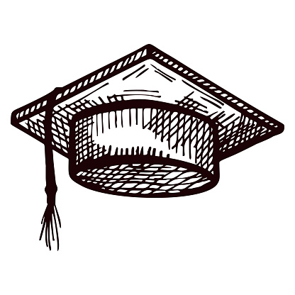 Graduate hat sketch isolated. Vintage element education in hand drawn style. Engraved designed for poster, print, book illustration, logo, tattoo. Vintage vector illustration.