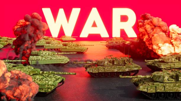 istock Abstract war conflict scene 3d illustration. Russian tanks against Nato 1379347668