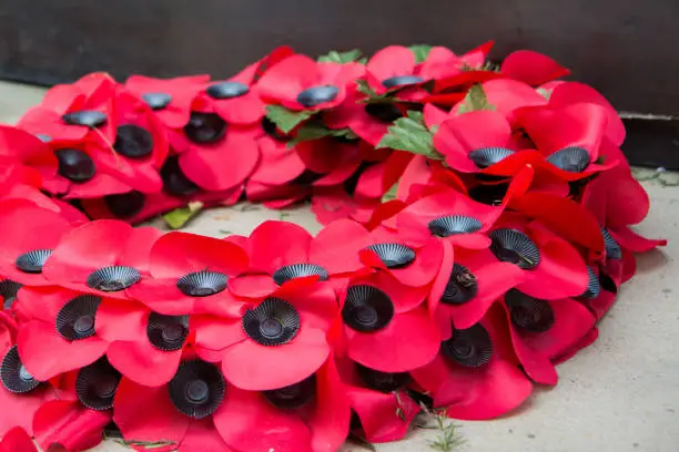 Remembrance Sunday, Memorial day in London. Crown of red poppies in a city garden. United Kingdom