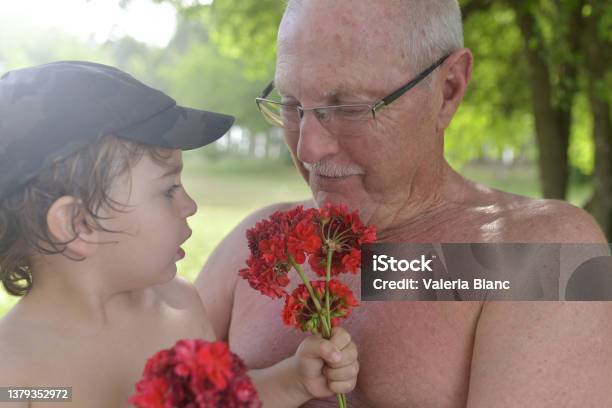 Abuelo Y Su Nieto Con Flores Stock Photo - Download Image Now - 2-3 Years, 65-69 Years, 70-79 Years