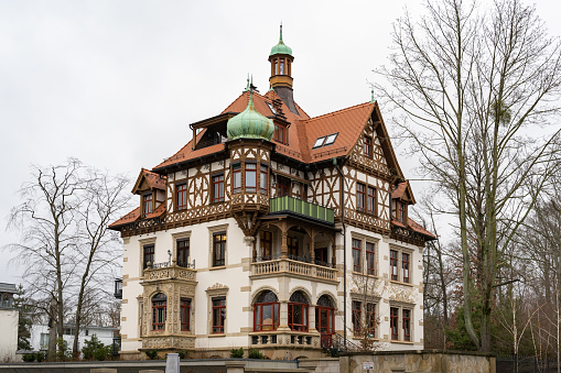 Dresden, Beautiful old building in good condition. Historic architecture of a luxury house. Landmark in the city which has been restored. Castle in front of bare trees.