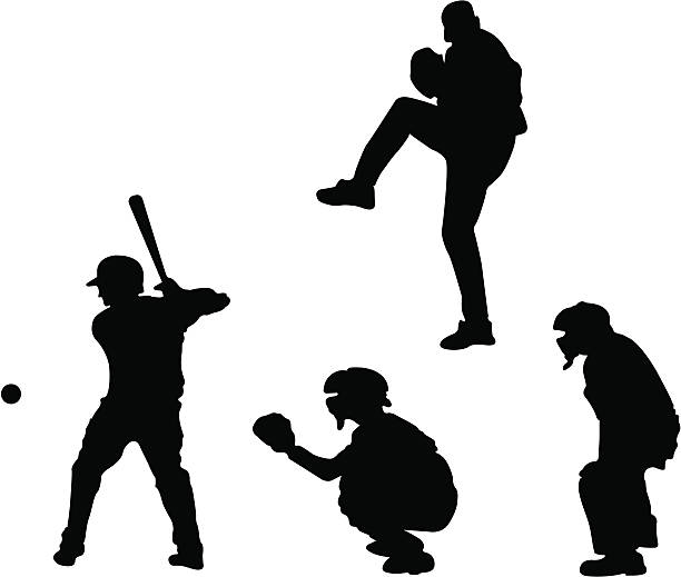 ilustraciones, imágenes clip art, dibujos animados e iconos de stock de siluetas de béisbol (vector - baseball silhouette pitcher playing