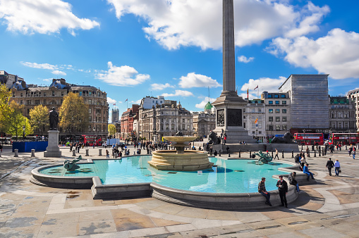 London, UK - April 2018: Trafalgar square in centre of London