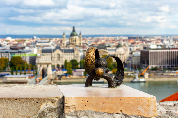 Sculpture of miniature bunny observing Budapest with binoculars, Hungary stock photo