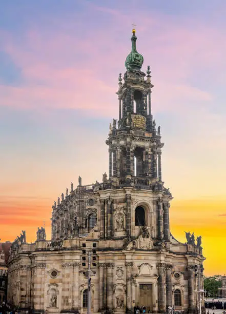 Dresden Cathedral (Katholische Hofkirche) in center of Dresden at sunset, Germany