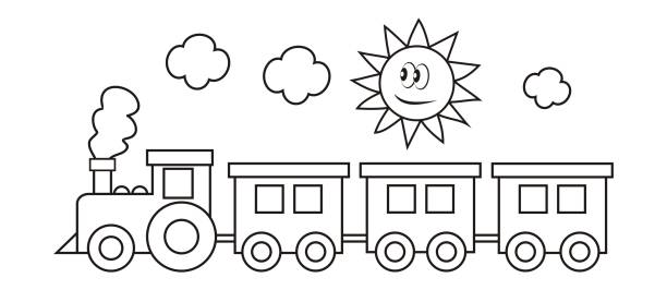 ilustrações de stock, clip art, desenhos animados e ícones de train and sun, coloring page, eps. - train steam train sun vector