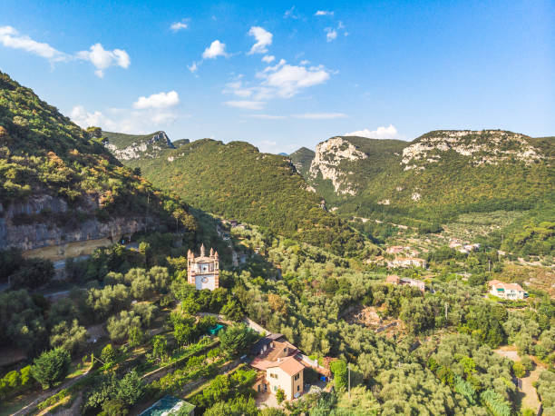 Aerial view of the Valley of Finalborgo, Liguria, Italy Aerial view of the Valley of Finalborgo, Liguria, Italy. finale ligure stock pictures, royalty-free photos & images