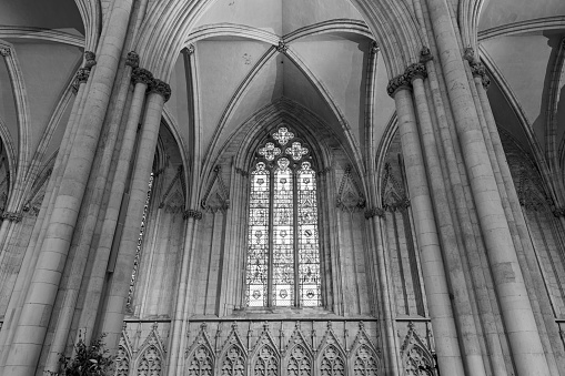 York.Yorkshire.United Kingdom.February 14th 2022.View of a stained glass window inside York Minster cathedral in Yorkshire