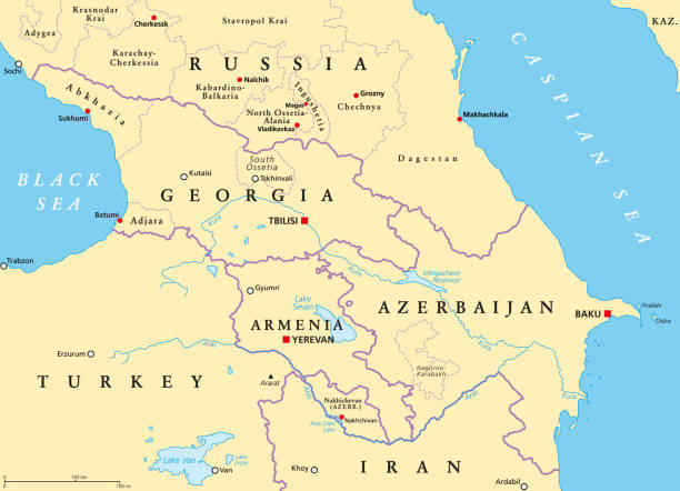 illustrazioni stock, clip art, cartoni animati e icone di tendenza di la mappa politica del caucaso, o caucasia - kura river immagine