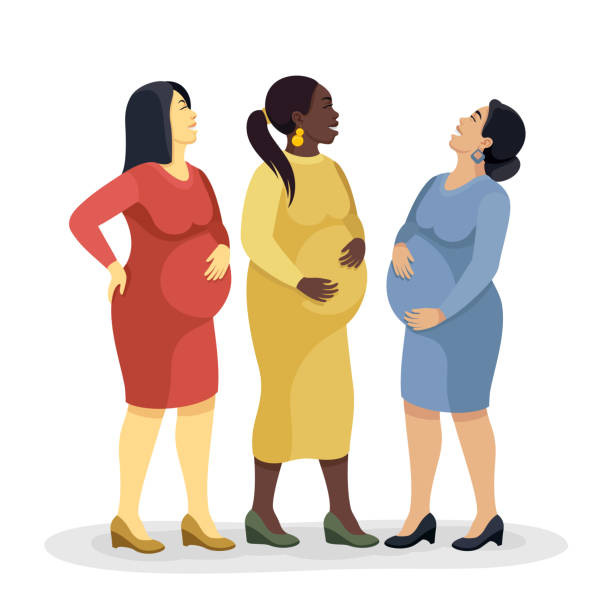 Happy pregnant women. Group of multi-ethnic and happy pregnant women. cute pregnant woman with gift stock illustrations