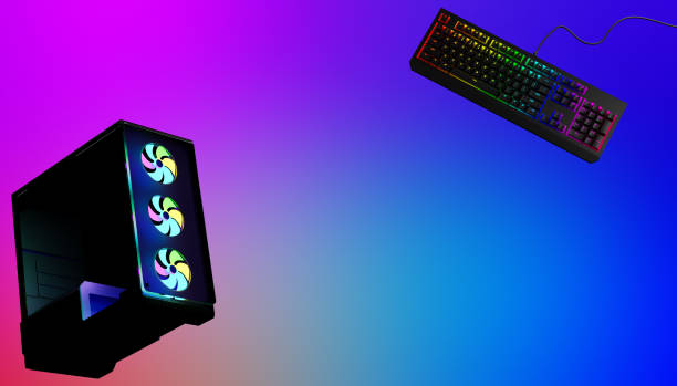 istock Gaming keyboard with RGB light and PC case, copy space. Game accessories, banner for advertising. 3d render. 1379412919