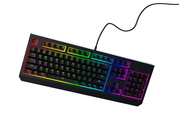 istock Gaming keyboard with RGB light, isolated on a white background. Black mechanical keyboard with LED backlight, 3d render. 1379413519