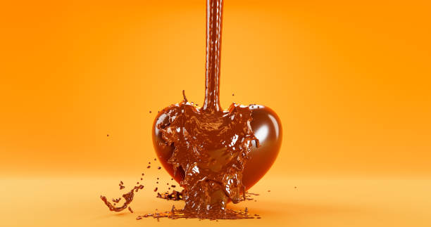 syrup is poured on a chocolate candy, realistic 3d illustration. pouring caramel syrup on a chocolate heart, 3d rendering. drop of sweet sauce. - valentines day candy chocolate candy heart shape imagens e fotografias de stock