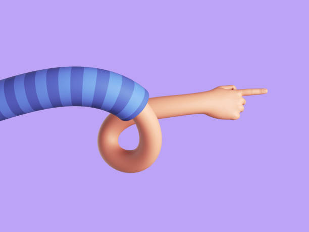 istock 3d illustration, cartoon character human hand shows direction with pointing finger. Attention concept. Flexible arm funny clip art isolated on violet background 1379414634
