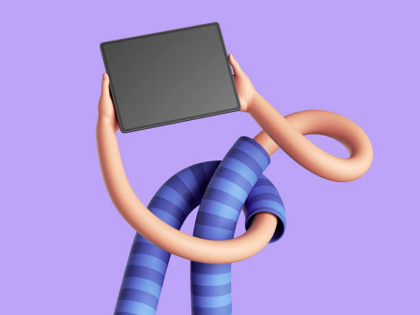 istock 3d illustration, tangled arms, cartoon flexible hands hold digital graphic pad with blank screen. Wireless gadget, electronic device. Clip art isolated on violet background 1379414644