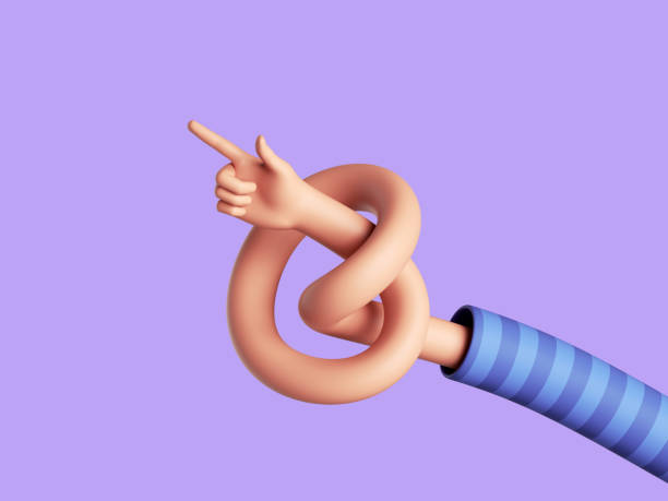 istock 3d render, cartoon character knotted hand shows direction with pointing finger. Attention concept. Flexible arm funny clip art isolated on violet background 1379415153