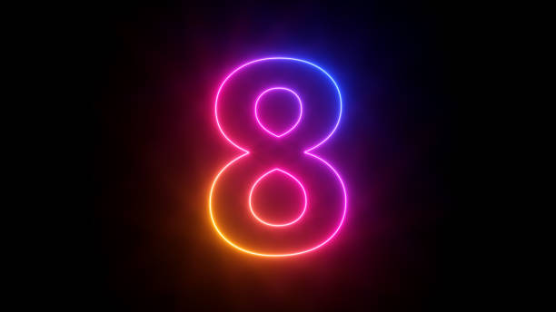 3d render, neon number eight glowing with gradient colors, isolated on black background