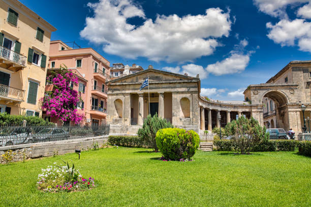 Corfu Museum of Asian Art, Greece. Kerkyra, Corfu, Greece - July 31, 2021: Museum of Asian Art facade. It was built as palace in 1824, as unification parlament of Ionian islands. In 2007 the city's old town was added to the UNESCO World Heritage List. corfu holiday palace stock pictures, royalty-free photos & images