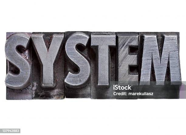 System Word In Metal Type Stock Photo - Download Image Now - Antique, Arrangement, Cut Out