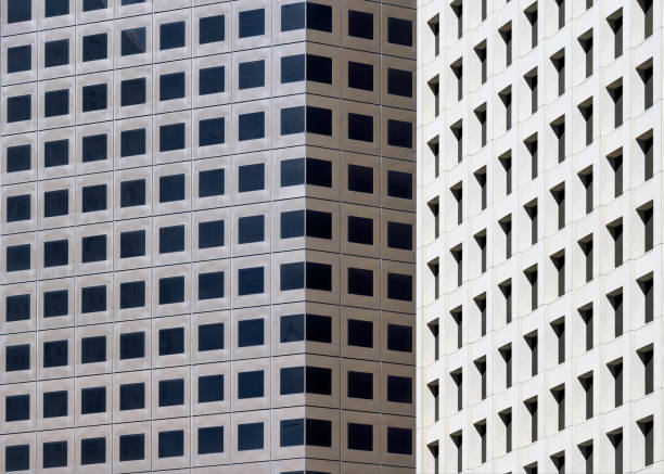 Houston, Texas, USA - February 19, 2022: Closeup of exterior of office buildings form geometric architectural abstract in the brutalism architectural style