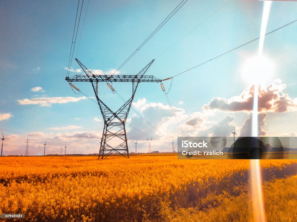Elektrický sloup v pozadí řepkového pole - Bez autorských poplatků Barevný obrázek Stock fotka Elektrický sloup v pozadí řepkového pole - Bez autorských poplatků Barevný obrázek Stock fotka