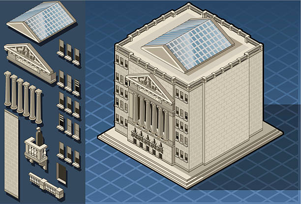 ilustrações, clipart, desenhos animados e ícones de isometric edifício da bolsa de valores de nova york, o wall street - wall street new york city street bank