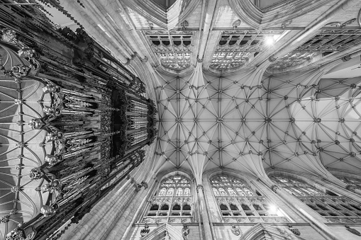 York.Yorkshire.United Kingdom.February 14th 2022.View of the ceiling in the quire of York Minster cathedral in Yorkshire