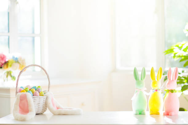 istock Easter home decoration. Eggs basket and bunny. 1379473301