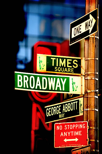 signo de la ciudad de nueva york - distrito de los teatros de manhattan fotografías e imágenes de stock