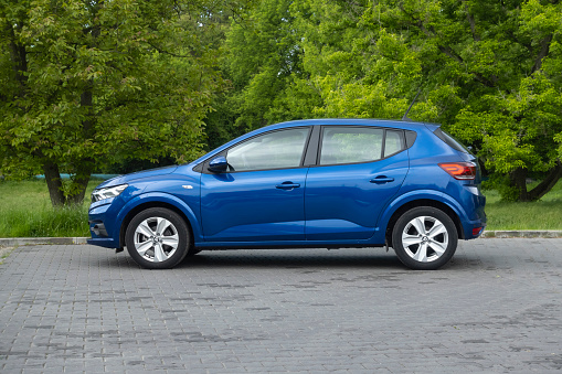 Bratislava, Slovakia - 25th May, 2021: Budget car Dacia Sandero on a street. This model is one of the cheapest B-segment vehicles in Europe.