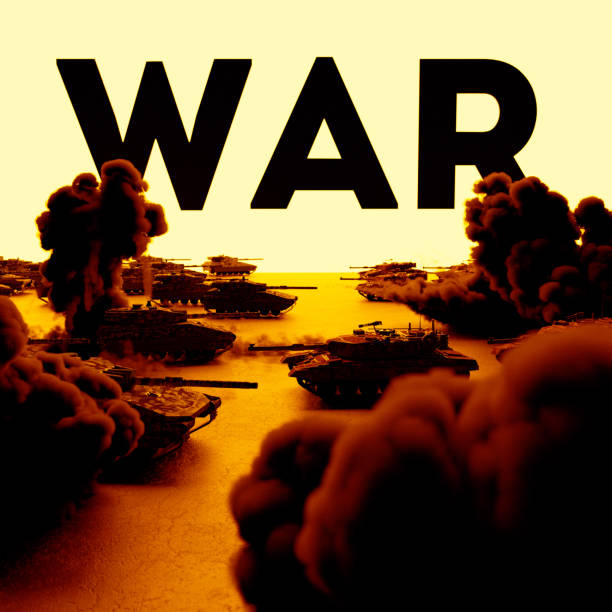 Global war conflict concept illustration. Russian tanks battle with war title