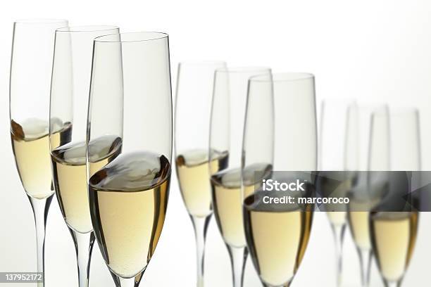Nine White Wine Glasses Stock Photo - Download Image Now - Alcohol - Drink, Bubble, Celebratory Toast