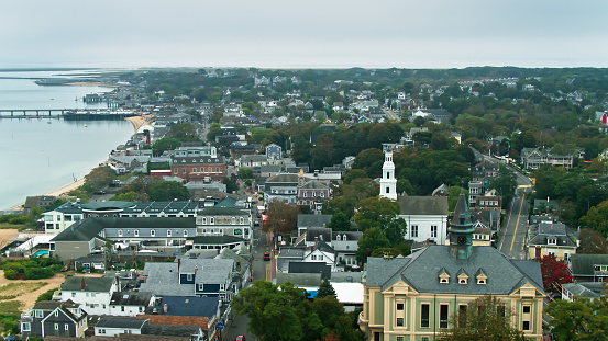 Aerial view of Provincetown, Massachusetts on a foggy overcast morning in Fall.