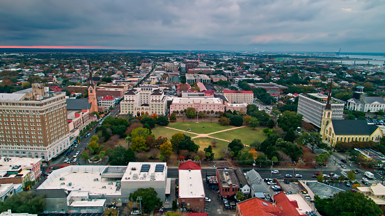 Aerial shot of Downtown Charleston, South Carolina on an overcast Fall evening.