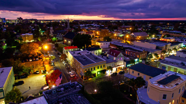 istock Sun Setting on Cloudy Evening in Charleston, SC - Aerial 1379530440