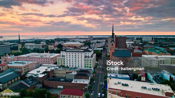 Drone View Alongs King Street In Downtown Charleston Sc Stock Photo - Download Image Now